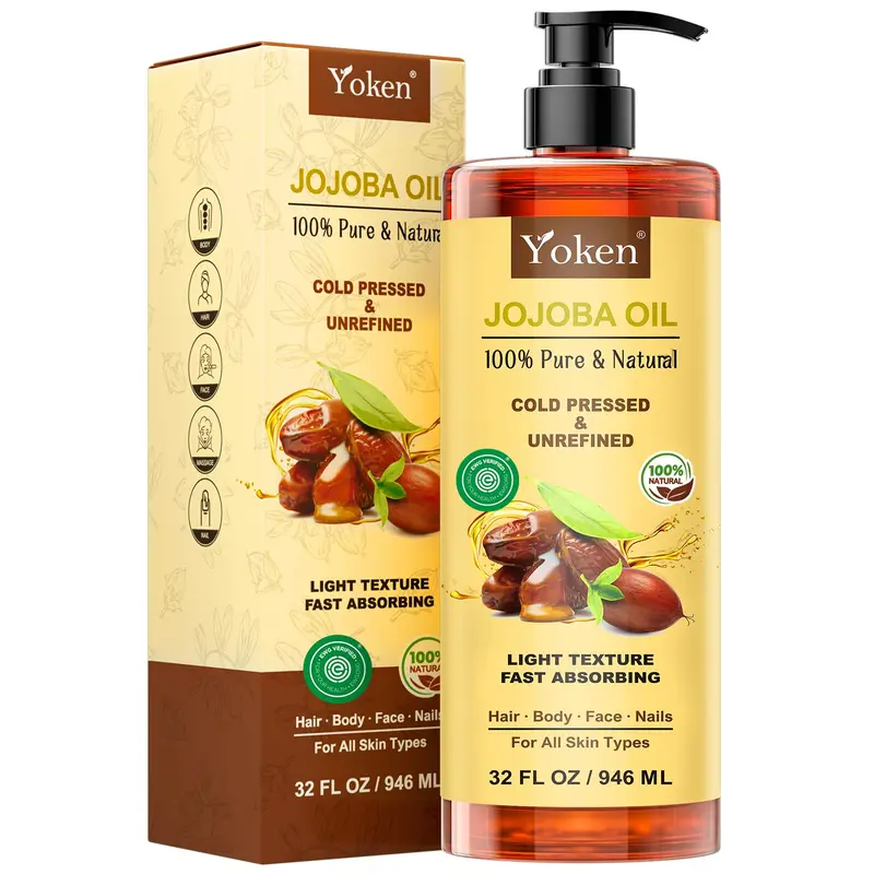 Yoken – Huile de Jojoba Pure 32 oz (EWG Vérifiée) — Non Raffinée, Pressée à Froid, Sans Hexane