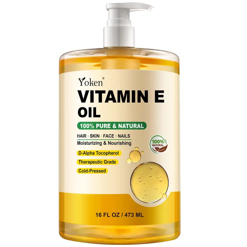 Yoken Huile Vitamine E – 16 onces, Pressée à froid, Sans hexane, Soin visage et corps