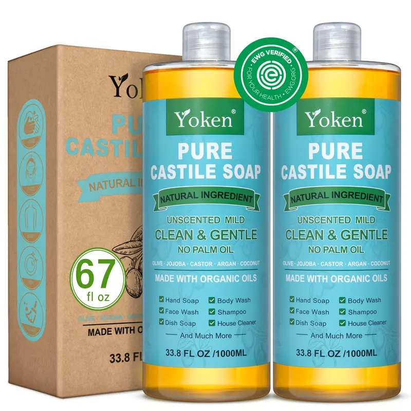 Yoken Savon Castile Pur Sans Parfum – Liquide Multi‑Usage Végan, Environ 2 L