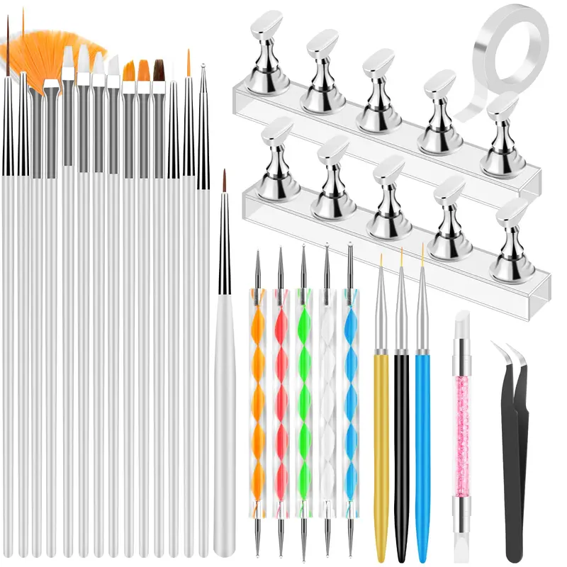 YOOVR Ensemble d’Outils Nail Art – Supports Magnétiques, Pinceaux et Dotting Tools (Blanc) pour Débutants et Pros