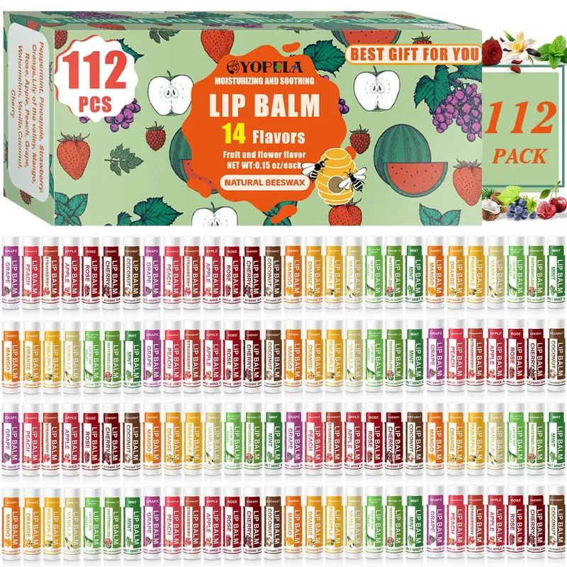 YOPELA Lot de 112 Baumes à Lèvres Naturels - Hydratants, Nourrissants et Apaisants avec VITAMINE E et Coco - 14 Saveurs - Sans OGM - Cadeau Saint-Valentin