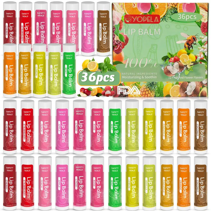 Yopela – Pack de 36 Baumes à Lèvres Naturels avec Vitamine E et Huile de Coco – Hydratation et Soin