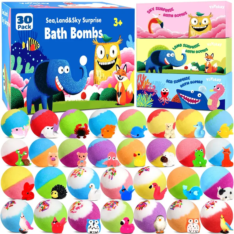 YoYokay — 30 Bombes de Bain pour Enfants avec Jouets Intérieurs – Ensemble Multithème Océan/Terre/Ciel