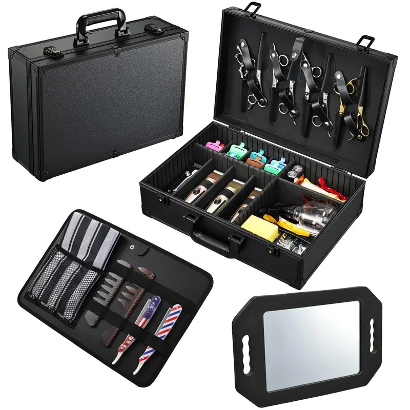 Yueieoun Coffre d'accessoires pour barbier avec miroir – Mallette professionnelle pour ciseaux, tondeuses et accessoires