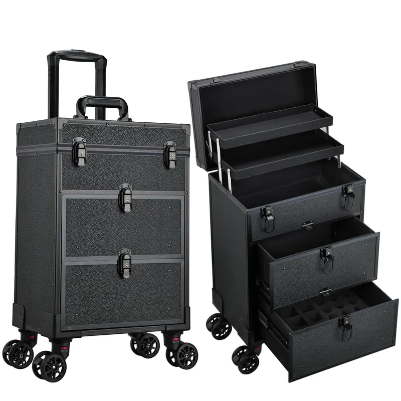 Yueieoun Mallette maquillage sur roulettes – 2 grands tiroirs, roues 360°, Noir