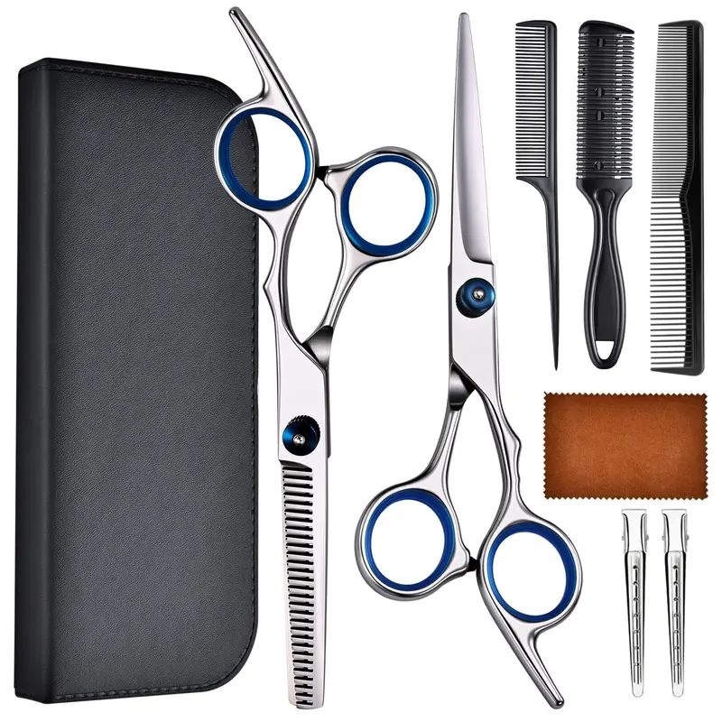 YUQGAOP Ciseaux de Coiffure Professionnels – Ensemble 10-en-1, Lames Droites et d'Effilage, Design Ergonomique