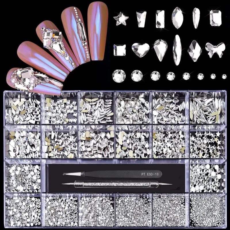Yzzseven – 12 types de diamants blancs 600 + 2500 strass plats – 20 styles, cristaux 3D et ornements + pince a epiler et stylo perceur