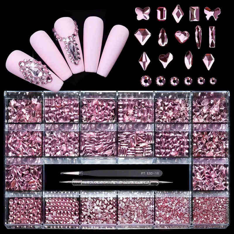 Yzzseven – Diamants roses 14 types + 1500 strass plats – 20 styles pour ongles bricolage