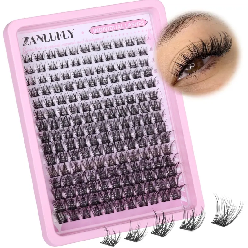 Zanlufly Cils en clusters Wispy C-Curly – Extensions DIY 180 pièces (8-16 mm)