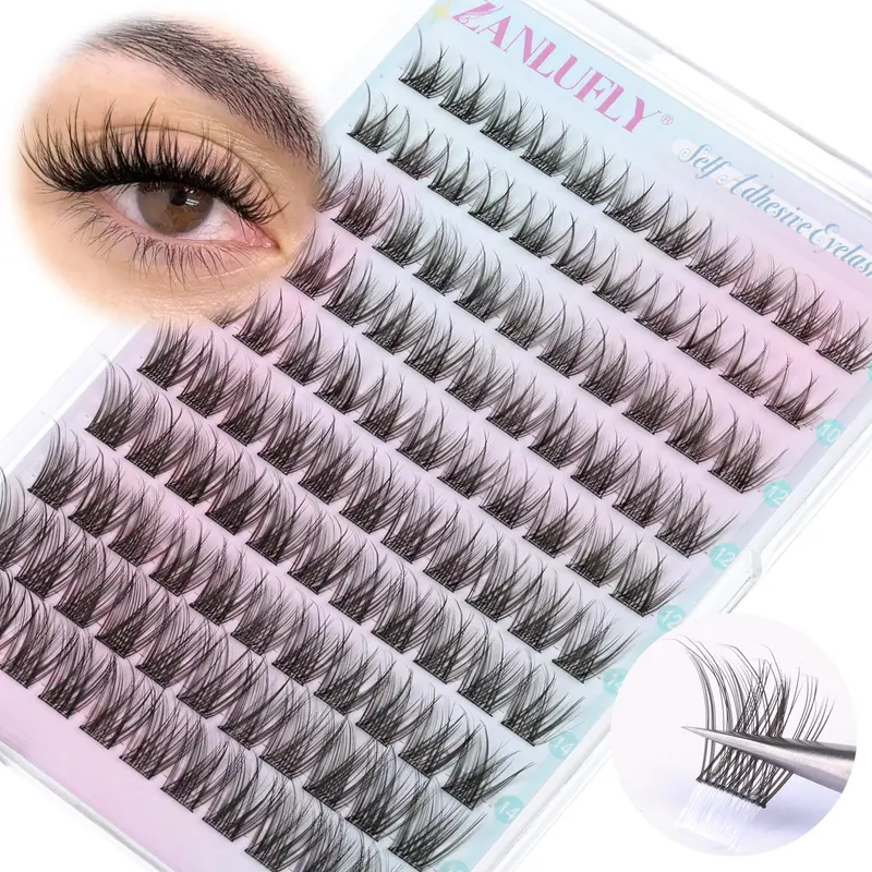 Zanlufly Cils en grappes auto-adhésifs – Sans colle, effet wispy courbe en C 10-16 mm