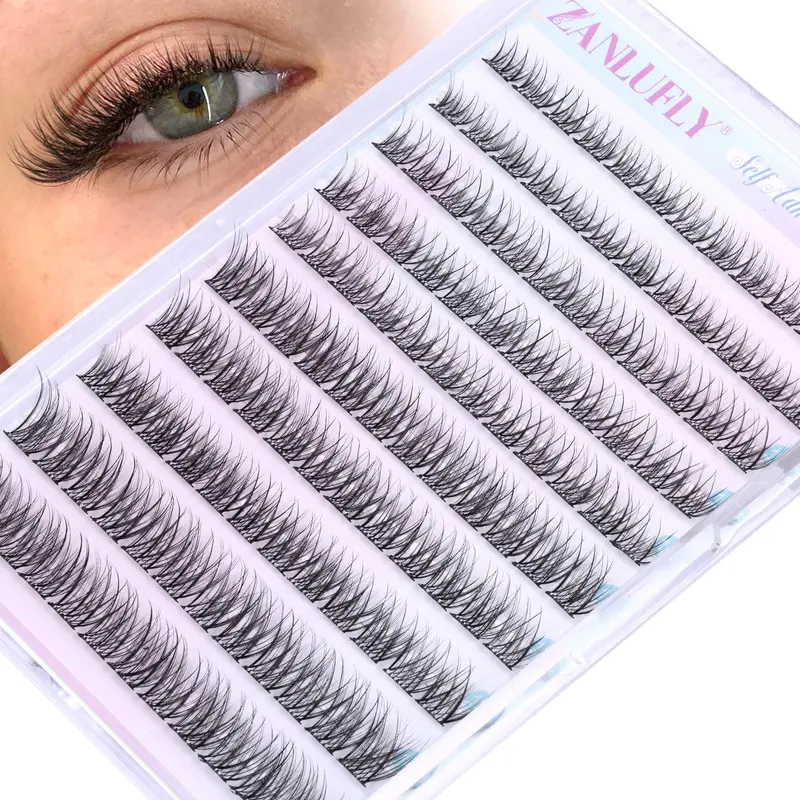 zanlufly Clusters de cils auto-adhésifs – sans colle, bouclés en C, réutilisables (8-14 mm)