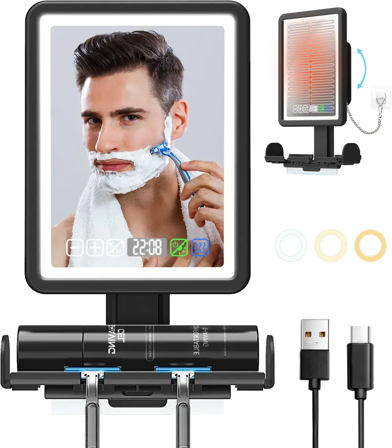 ZDXBO Miroir de Douche Anti-Buée LED Chauffant – Horloge Digitale et Rangement