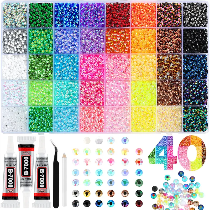 Zefy – 40 couleurs de paillettes en résine 4mm, 19 000 pièces, kit couture avec colle B7000 et outils
