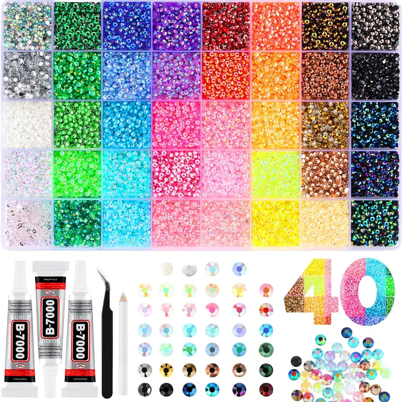 Zefy Strass Résine 3mm – 40 Couleurs, 32 000 Pièces + Colle B7000 (10 ml) – Kit Déco fait maison pour Vêtements, Chaussures et Ongles