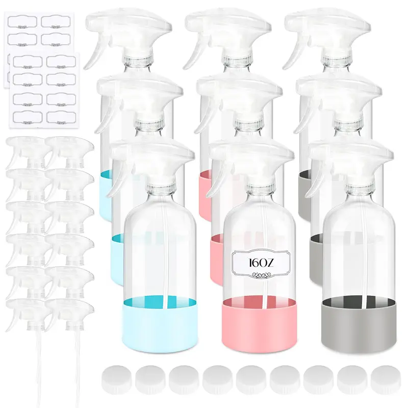 ZENOWICK - Lot de 9 Bouteilles Spray Verre 16 oz avec Embouts Réglables et Gaine Silicone – Pour Nettoyants, Huiles Essentielles et Soins Capillaires – Rose Bleu Gris