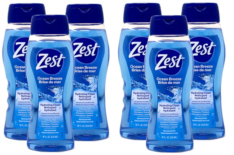Zest Gel Douche – Enrichi en Minéraux Marins – Parfum Brise Océane – Hydratant – Tous Types de Peau – 6 Pièces