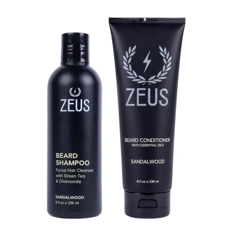 ZEUS Set Lavage Barbe pour Hommes – Shampoing et Après-Shampoing Thé Vert & Huiles Essentielles (Hydratent, Adoucissent et Fortifient la Barbe) – Fabriqué aux États-Unis | Bois de Santal