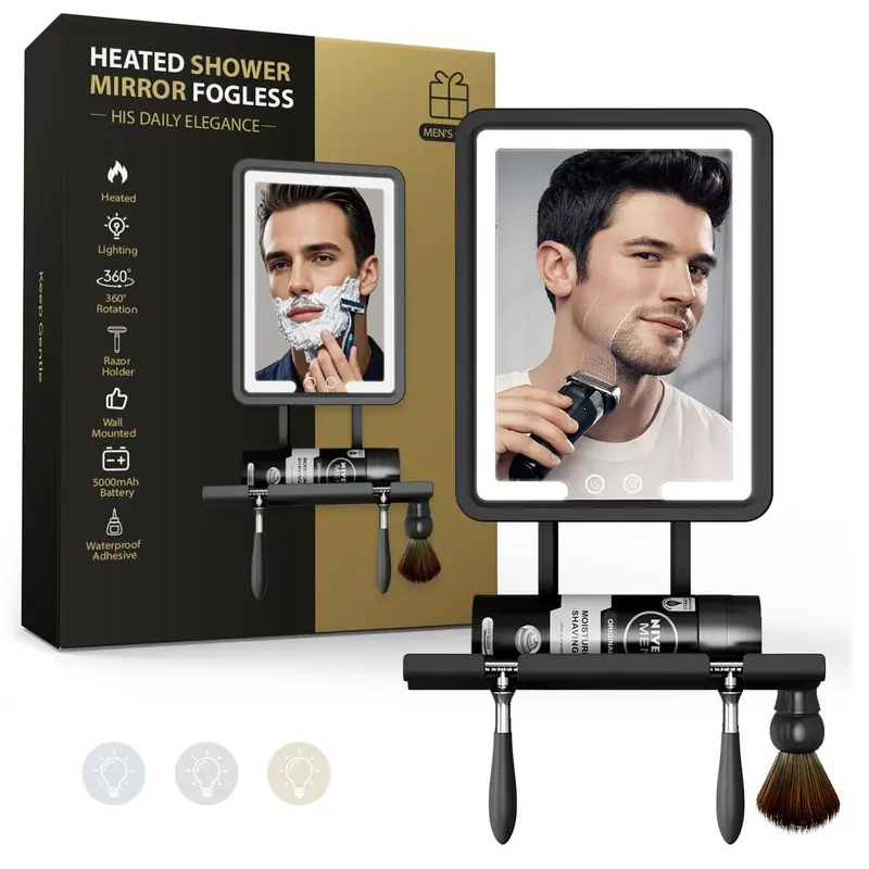 ZHENYEMEI Miroir de Douche Anti-buée Chauffant avec Lumière – Support Rasoir, Batterie 5000mAh, 3 Couleurs, Noir