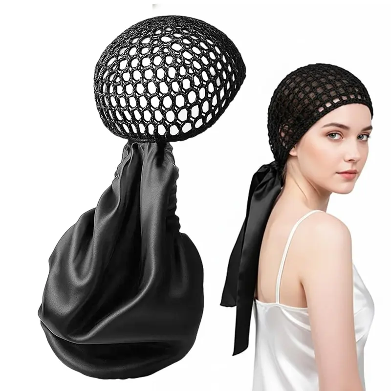 ZHLKHIOP Bonnet-filet pour cheveux et foulard noir – Protection et style pour cheveux bouclés, tressés ou longs