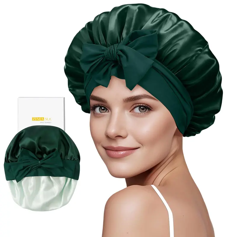 ZIMASILK Bonnet en soie de mûrier 100% pour dormir — Cheveux longs, double couche, maintien sûr (1 pièce, vert-noir)