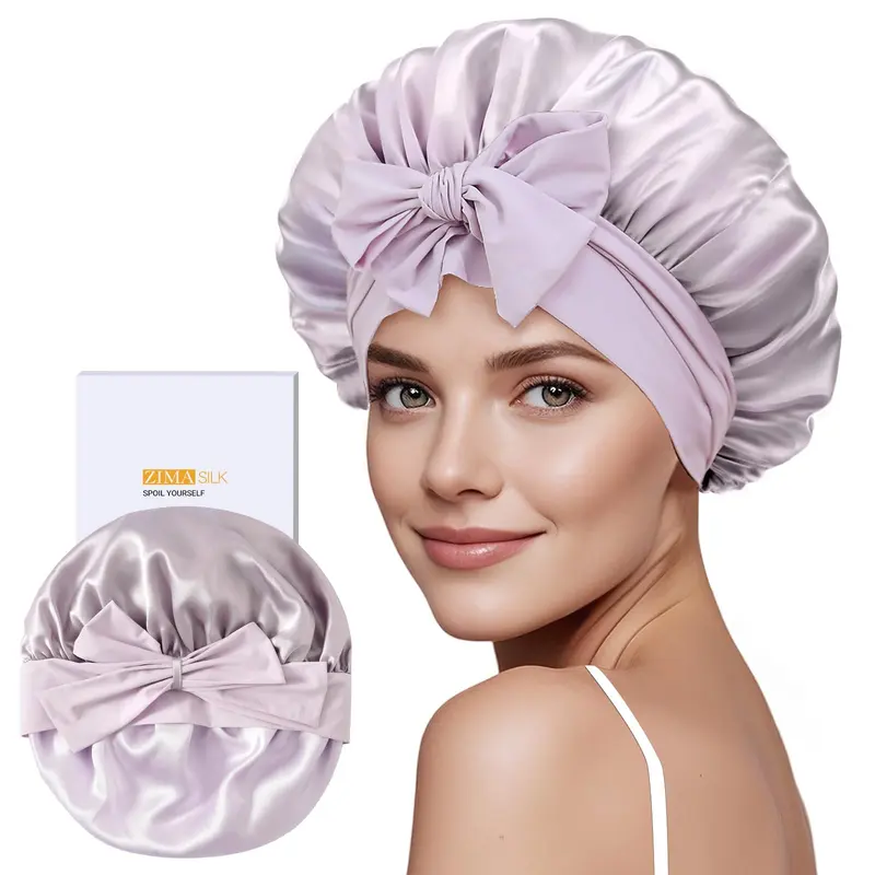 ZIMASILK Bonnet en Soie Mulberry 100% – Double Couche Violet pour Cheveux Longs