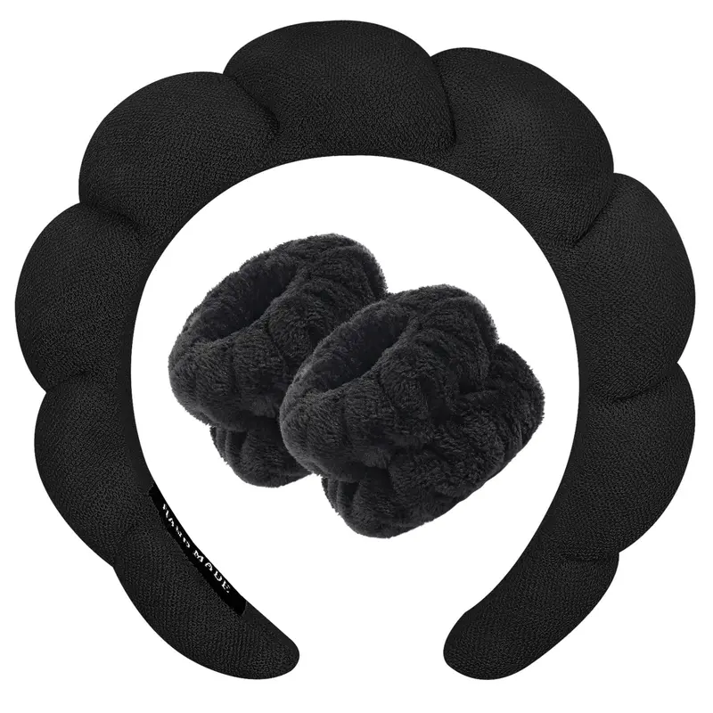 Zkptops Bandeau Spa Lavage Visage et Brassard Poignet – Bandeau Éponge et Terry Noir