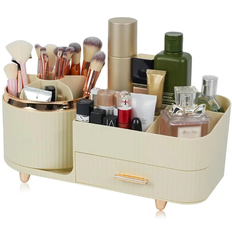 Zufudo Organisateur Maquillage 360° avec Tiroir – Grand Rangement sur Comptoir, Modèle 3016 Crème