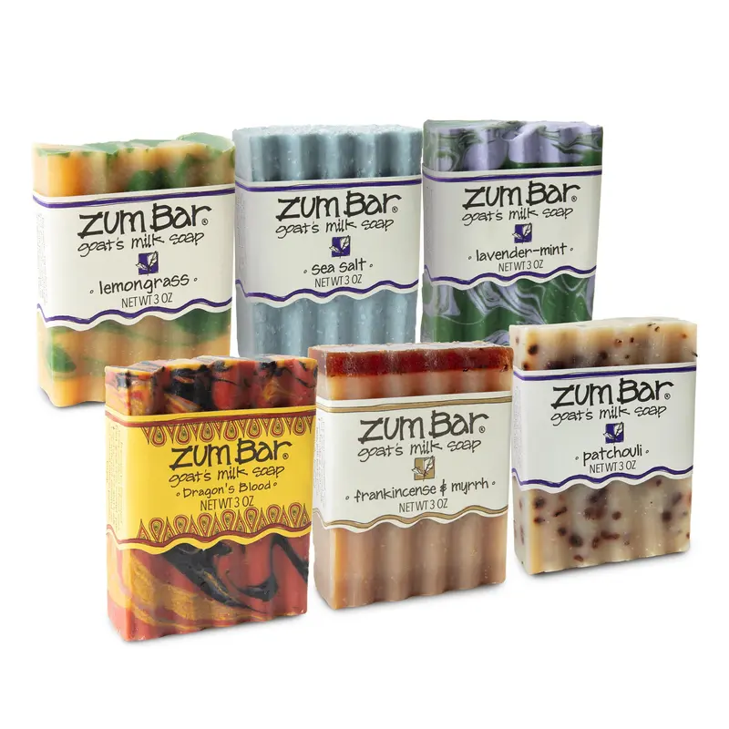 Zum Indigo Wild Savon Solide au Lait de Chèvre – Pack de 6 barres pour mains et corps – 3 oz chacune – Citronnelle, Sang-de-Dragon, Encens et Myrrhe, Sel de Mer, Lavande-Menthe, Patchouli