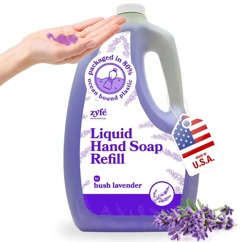 ZYFE Recharge Savon Liquide Mains – Non Toxique, Végétal, Infusé de Vitamines et Huiles Essentielles – Lavage Cuisine & Salle de Bain – Lavande Hush, 64 oz (1,89 L)